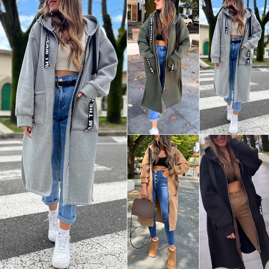 🍂Kaufen Sie 2 und erhalten Sie kostenlosen Versand🍁Lange, lässige, einfarbige Damenjacke mit Kapuze